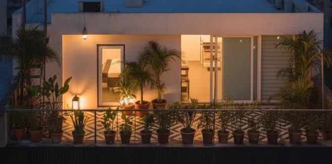 Aspiro Living residence illuminated at night